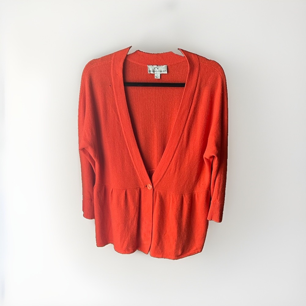 Precious Fibers Orange 100% Cashmere Peplum Single Button Cardigan Sweater‎ L